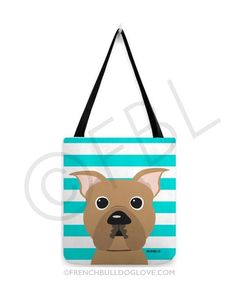 a blue and white striped tote bag with a dog's face on it