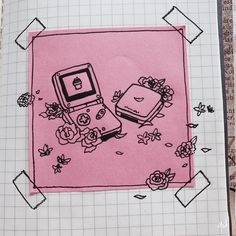 a drawing of a cell phone sitting on top of a piece of paper with flowers around it