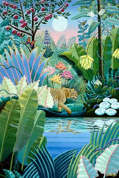 a painting of a jungle scene with a leopard in the water and flowers on the ground