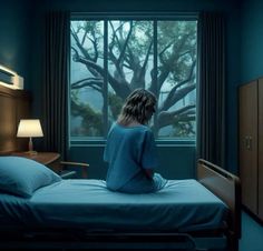 a woman sitting on top of a bed in front of a window next to a night stand