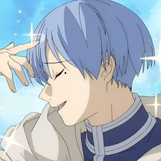 an anime character with blue hair is touching his hand on the forehead and looking at something