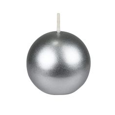 a silver ball ornament hanging from a white string on a white background with clippings