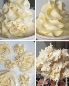 four pictures showing how to frost a cake with white icing and flowers on top