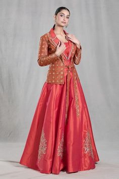 Buy Orange Jacket Banarasi Silk Embroidered Geometric Woven Layered Lehenga Set For Women by Samyukta Singhania Online at Aza Fashions. Layered Lehenga, Lehenga Pattern, Orange Jacket, Embroidered Lehenga, Geometric Motifs, Beaded Jewelry Designs, Swirl Pattern, Embroidered Silk, Raw Silk