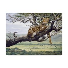 a painting of a leopard sitting on a tree branch with another animal in the background