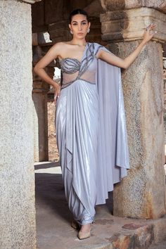 Ash grey saree gown with a sequin and cutdana embellished yoke. - Aza Fashions Designer Embellished Draped Saree, Festive Hand Embellished Draped Saree, Silver Embellished Saree With Traditional Drape, Silver Embellished Pre-draped Saree, Festive Cutdana Embellished Draped Pre-draped Saree, Embellished Saree, Saree Drape, Saree Gowns, Cotton Sarees Handloom