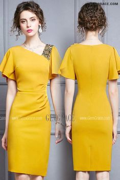 10% off now|Free shipping world-wide. Elegant Yellow Sheath Summer Party Dress Beaded with Puffy Sleeves at GemGrace. Click to learn our pro custom-made service for wedding dress, formal dress. View #WeddingGuestDresses for more ideas. Yellow Short Sleeve Dress For Formal Events, Yellow Short Sleeve Mini Dress For Party, Elegant Embellished Yellow Dress, Elegant Yellow Mini Dress For Formal Occasions, Elegant Yellow Embellished Dress, Yellow Short Sleeve Dress For Evening, Yellow Short Sleeve Evening Dress, Elegant Fitted Yellow Mini Dress, Yellow Sheath Dress For Parties