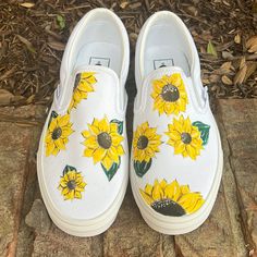 These Were Custom For Me But It’s Time I Let Them Go To Someone Who Will Love Them. Sunflowers They’ve Sat In A Box Too Long. They’ve Never Been Put On. Pure White. Womens 7.5 Mens 6 Vans Vans Summer Sneakers With Round Toe, Vans Sneakers For Summer, Yellow Slip-on Sneakers For Spring, Vans Shoes Custom, Velvet Vans, White Checkered Vans, Vans Authentic Shoes, Old Skool Platform, Leather Vans