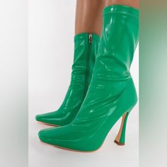 Brand New In Box! The Azalea Wang Square Up Stiletto Bootie In Green Is An Ultra-Chic Mid Calf Boot Featuring A Faux Leather Upper, Square Toe Silhouette, Flared Stiletto Heel, And A Tonal Inner Ankle Zipper. - All Man-Made Materials - 7.5” Shaft - 4.5” Heel Green Boots, Azalea Wang, Stiletto Boots, Mid Calf Boots, Dolls Kill, Stiletto Heel, Mid Calf, Bootie, Stiletto Heels