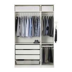 an open white closet with clothes hanging on hangers and shoes in the bottom drawer