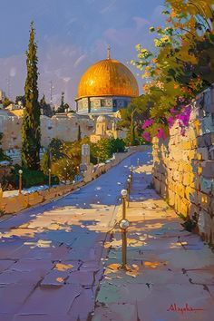 an oil painting of a street in the old city with a dome on it's roof