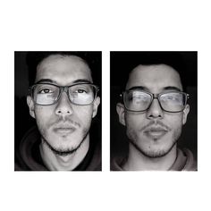 two pictures of a man with glasses on