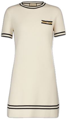 White Fitted Gucci Dress, Luxury Gucci Dresses For Workwear, Luxury Gucci Dress For Work, Classic Beige Mini Dress For Formal Occasions, Elegant Mini Dress With Contrast Trim, Gucci Knee-length Dress For Work, Luxury Gucci Knee-length Dresses, Classic Beige Mini Dress For Work, Gucci Mini Length Dresses