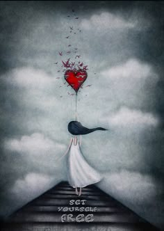 a painting of a woman holding a red heart on top of a roof with words written below it