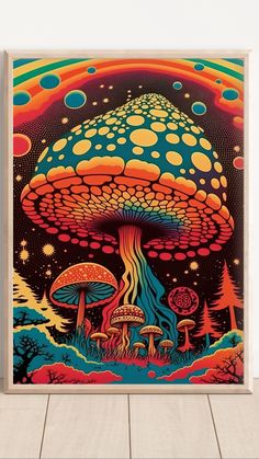 an art print with mushrooms and trees in the background