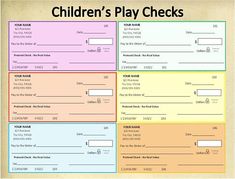 the children's play checks are shown in three different colors and sizes, including one for