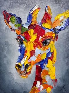 a painting of a colorful giraffe on a gray background