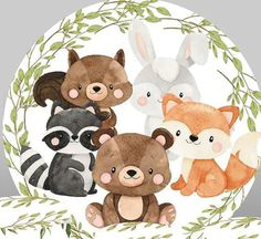 a group of stuffed animals sitting next to each other on a white background with green leaves