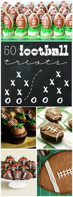 football themed desserts and treats are featured in this collage with the words football written on them