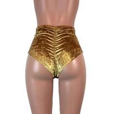 Our classic high waist hot pants with scrunch ruching detail in back to offer a "cheekier" look. These scrunch bikini hot pants are made of stretchy gold crushed velvet and sit high on your natural waist. Wear as a bikini bathing suit bottom, panties, rave shorts, running shorts, etc. They have a built in liner and are made to be flattering to your figure. Gold High-waisted Shorts For Party, Fitted High Waist Velvet Bottoms, High Waist Fitted Velvet Bottoms, Rave Shorts, Metal Clothing, Bathing Suit Bottoms, Crushed Velvet, Running Shorts, High Waisted Shorts