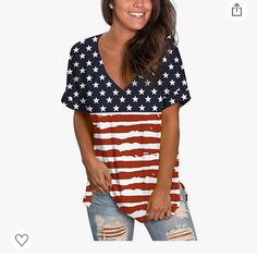 Great For 4th Of July! Size Xl Very Stretchy. Slinky Shiny Material . New Never Worn Printed Tunics, Front Knot Shirt, Affordable Trendy Clothes, Printed Tshirt Women, American Flag Shorts, Madewell Shirts, V Neck T Shirts, Amazon Business, Front Tie Shirt