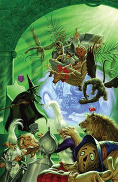 an illustrated book cover for the wizard's tale, with many animals and witches