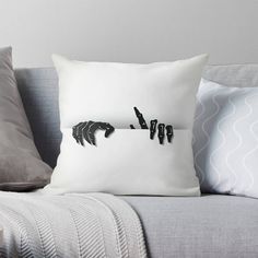 two hands pointing at each other on a white pillow with black text throw pillow cover