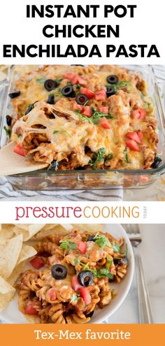 an image of mexican chicken enchilada casserole with text overlay