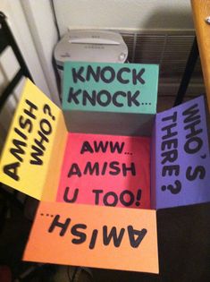 several pieces of paper that say knock knock, aww, amish, u too, hswi