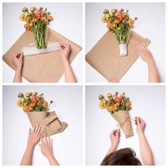 four pictures showing how to wrap flowers in brown paper and wrapping them around the edges