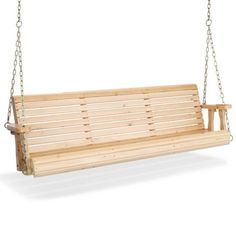 a wooden swing with chains hanging from the back and seat to the front, on an isolated white background