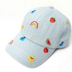 Summer Perfect Light Vintage Blue Washed Denim Fabrication Super Cute Rainbow And Fruits Icons Embroidery Adjustable Back One Size Playful Cotton Baseball Cap For Spring, Cute Cotton Baseball Cap For Summer, Trendy Blue Baseball Cap With Embroidered Logo, Trendy Blue Cotton Baseball Cap, Trendy Blue Baseball Cap For Spring, Light Blue Casual Baseball Cap For Summer, Trendy Multicolor Cotton Baseball Cap, Casual Light Blue Baseball Cap For Summer, Casual Light Blue Baseball Cap For Spring