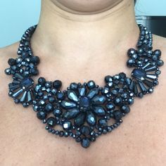 Statement Necklace Brand New Tag On Never Worn Thick Navy Blue Crystals Detailed Beading Adjustable Elegant Blue Bib Necklace For Party, Blue Beaded Necklaces For Evening, Elegant Blue Beaded Necklaces With Black Beads, Blue Beaded Jewelry For Evening, Blue Beaded Bib Necklace For Party, Blue Beaded Evening Jewelry, Blue Crystal Beaded Necklace For Party, Elegant Blue Beaded Necklaces For Party, Blue Crystal Beaded Necklaces For Party