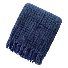 a blue towel with fringes on it