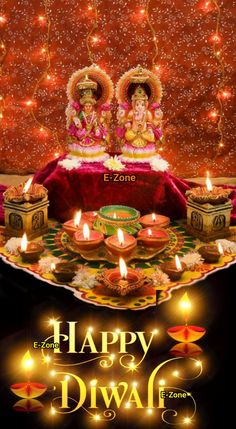 happy diwali greeting card with candles and gandap on the occasion of diwali