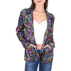 Elevate your wardrobe with the Anna-Kaci Women's Glitter Long Sleeve Open Front Sparkle Party Blazer Jacket, perfect for adding glamour to formal events or a touch of professionalism to everyday outfits. Versatile and stylish, these sparkly sequin blazers can be dressed up or down to suit any occasion effortlessly. Spring Party Blazer With Long Sleeves, Long Sleeve Spring Party Blazer, Long Sleeve Spring Blazer For Parties, Chic Long Sleeve Party Blazer, Fitted Long Sleeve Blazer For Party Season, Chic Long Sleeve Blazer For Parties, Long Sleeve Fall Party Blazer, Sparkling Sequin Fabric For Spring Night Out, Long Sleeve Blazer For Fall Party