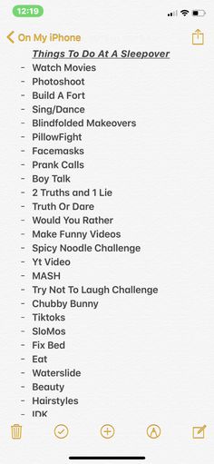 an iphone screen showing the list of things to do at sleepover, including movies and other activities