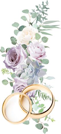 two wedding rings surrounded by flowers and greenery on a white background with copy space