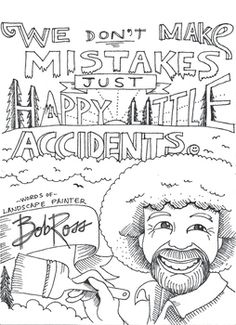 a black and white drawing of bob ross