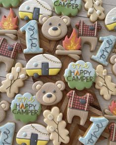 decorated cookies are arranged in the shape of campfires and teddy bears with words on them