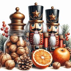 two nutcrackers are standing next to each other in front of some fruit and nuts