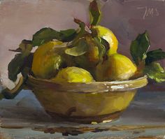 a painting of lemons in a yellow bowl