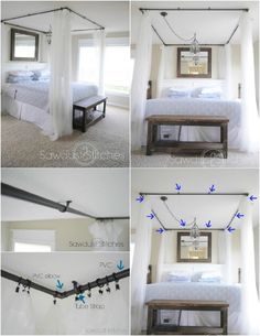 four different views of a bed with white sheets and drapes hanging from the ceiling