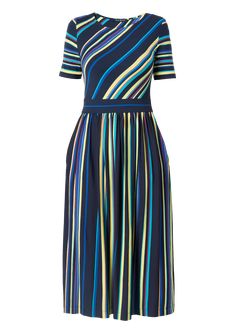 Elegant summer multi-colour jersey dress with stripes with pockets. True to the size, fits perfectly as it’s stretchy fabric and wrinkle-resistant. Perfect for a warm summer day or evening. You can wear it both to a special occasion like a wedding or birthday, as well as a casual daytime dress to the office.  The boat neckline and adjustable waist accentuate your curves, giving you a flattering silhouette that will turn heads wherever you go.  The jersey fabric ensures a comfortable wear, and th Multicolor Midi-length Lined Dress, Spring Striped A-line Midi Dress, Multicolor Cotton A-line Midi Dress, Multicolor V-neck Stretch Midi Dress, Striped V-neck Midi Dress For Daywear, Dresses Xxl, Daytime Dresses, Blue Pattern, Jersey Dress