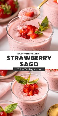 strawberry sago is served in small glasses with strawberries on top