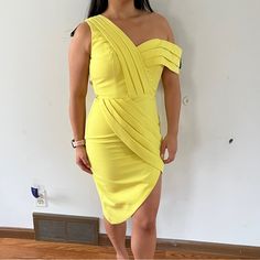 Brand New Yellow Cocktail Dress With Flattering Ruching, Great For Pageant Interview Or Appearances. Us Size 2 Uk Size 6 Elegant Yellow Bodycon Dress For Evening, Elegant Yellow Bodycon Evening Dress, Yellow Bodycon Evening Dress, Yellow Pleated Dress For Cocktail Occasions, Yellow Bodycon Sheath Dress, Yellow Pleated Dress For Cocktail, Yellow Pleated Mini Dress, Fitted Yellow Pleated Midi Dress, Yellow One Shoulder Cocktail Mini Dress