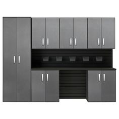 an image of a garage storage unit with doors and drawers on the side for extra space