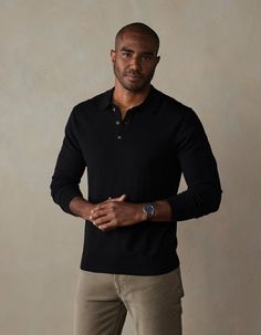 A versatile classic that's here to stay. Back by popular demand in a long sleeve version, this polo offers breathable comfort and superior softness with its Robles Yarn's 14gg Fine Knit composition. Crafted from 100% cotton soft sweater knit, it's your ultimate go-to for effortless style and comfort. Sweater Polo Outfits, Sweater Polo Outfits Men, Black Mens Clothing Styles, Polo Outfit Men, Polo Outfit, Henley Sweater, Soft Sweater, Knit Long Sleeve, Fall Shopping