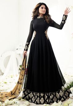 Faux Georgette Abaya Style Kameez in Black This Attractive Semi-stitched Attire with Poly Shantoon Lining is Beautifully Decked with Applique, Resham, Zari and Patch Border Work in Floral Motifs and is Crafted in Collar Neck and Full Sleeves Available with a Poly Shantoon Churidar in Black and a Faux Chiffon Dupatta in Beige The Lengths of the Kameez and Bottom are 54 and 48 inches respectively Do note: Accessories shown in the image are for presentation purposes only and length may vary upt... Black Anarkali, Floor Length Anarkali, Designer Anarkali, Fashion Vocabulary, Jennifer Winget, Ethnic Dress, Anarkali Suit