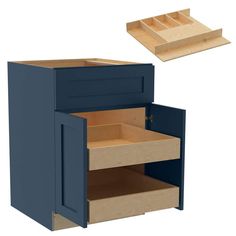 a blue cabinet with two drawers and one drawer open to show the bottom section,